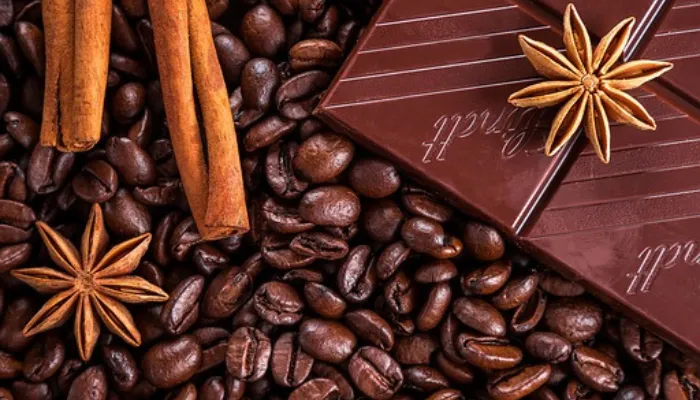 チョコレートとコーヒー豆、香辛料の画像