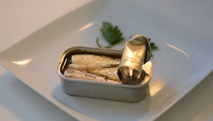皿に置かれた開いた魚の缶詰