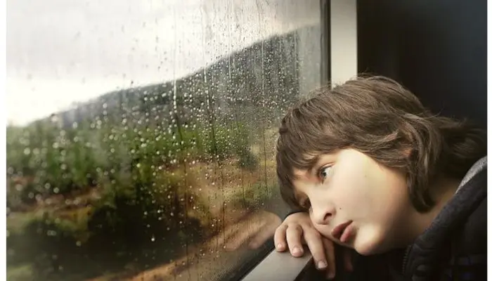 雨に濡れた窓から外を眺める子ども