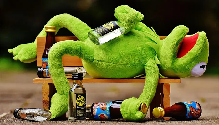 いくつもの酒瓶に囲まれベンチに寝転がったカエルのぬいぐるみ